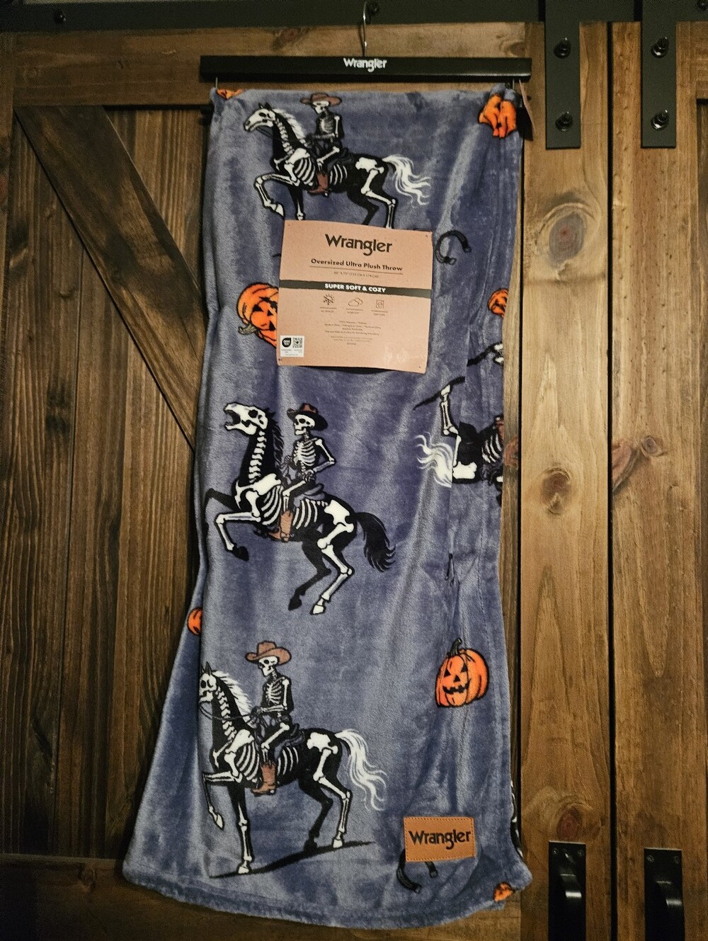 Wrangler Gray and Orange Skeleton Rider Plush Throw